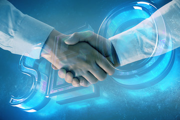 Wall Mural - Multi exposure of seo icon drawing on abstract background with two men handshake. Concept of information search