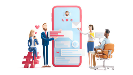 Wall Mural - application development and social media concept. 3d illustration. cartoon characters. business team