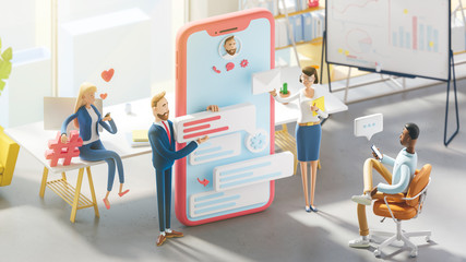 Wall Mural - application development and social media concept. 3d illustration. cartoon characters. business team