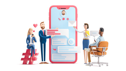 Wall Mural - application development and social media concept. 3d illustration. cartoon characters. business team