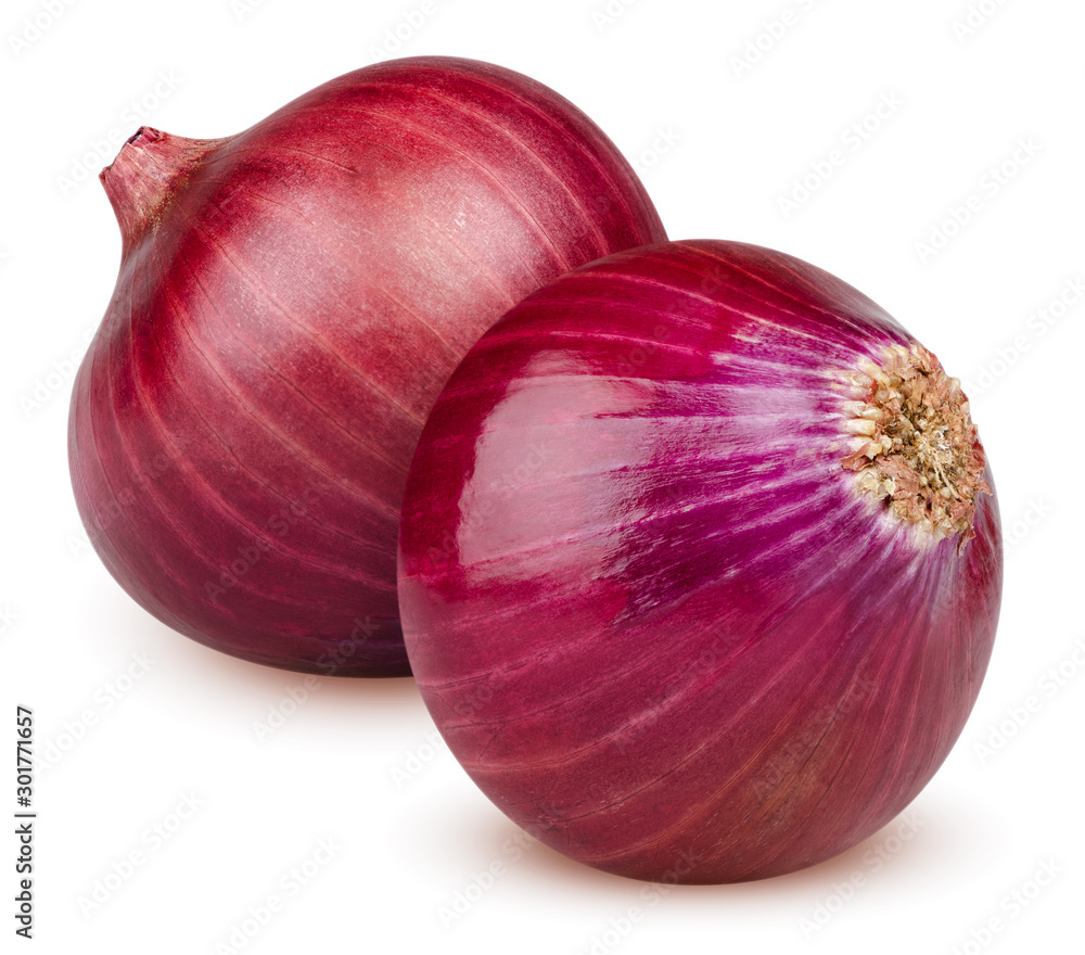 Isolated onions. Two whole red onion isolated on white background with clipping path - obrazy, fototapety, plakaty 