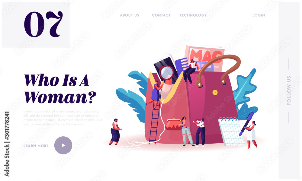 Ladies Stuff Website Landing Page. Tiny Women Characters Walk around of Huge Female Bag with Things and Variety of Personal Belongings and Cosmetics Web Page Banner. Cartoon Flat Vector Illustration - obrazy, fototapety, plakaty 