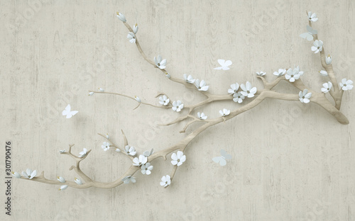 3d-tapety-projekt-z-kwiatem-renderowania-i-galezi-drzewa-motyl-i-drewniane-tla