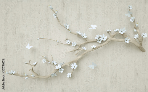 Fototapeta na wymiar 3d mural wallpaper design with render flower and tree branch . butterfly and wooden background