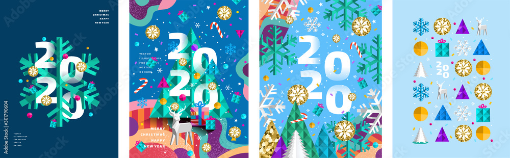 2020! Merry Christmas and a happy new year! Modern abstract geometrical illustration of a Christmas tree, snowflake and toys for the holiday poster, banner, card, background or pattern - obrazy, fototapety, plakaty 