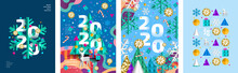 2020! Merry Christmas And A Happy New Year! Modern Abstract Geometrical Illustration Of A Christmas Tree, Snowflake And Toys For The Holiday Poster, Banner, Card, Background Or Pattern