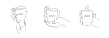 Set Of Vector Line Illustrations Of Hands Holding Paper Coffee Cup, Various Positions, Coffee To Go