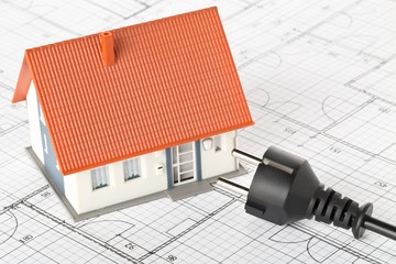 Wall Mural - power cord on building construction blueprint plan with model house - energy saving or power consump