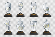 Transparent Trophies. Realistic Crystal Glass Awards With Text, Isolated Competition Cups Stars And Prizes. Vector Illustration Isolated Set Acrylic Trophies Modern Image
