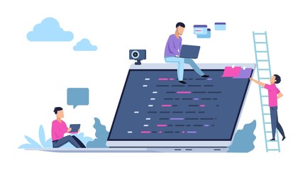 Programming concept with people characters. Freelance work business and marketing. Vector illustration companies with professional interaction technical specialists and computer with digital softwares