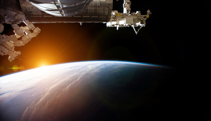 Wall Mural - view of planet earth from a space station window during a sunrise 3d rendering elements of this imag