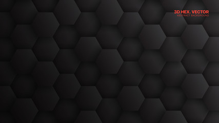 3D Vector Hexagons Pattern Technology Dark Gray Abstract Background. Concept Scientific Tech Hexagonal Blocks Structure Darkness Grey Wallpaper. Clear Blank Subtle Textured Banner Backdrop