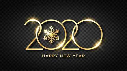 Leinwandbilder - Happy new 2020 year. Shiny gold text and snowflake with stylized 2020 number. Happy New Year text design on transparent background. Luxury golden text for greeting card, banner and postcard