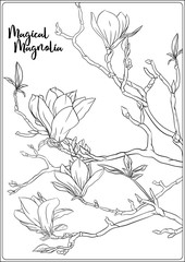 magnolia tree branch with flowers. coloring page for the adult coloring book. outline hand drawing v