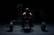 © less.talk - Anonymous woman bodybuilder make workout - weight lifting with barbell. Light from above, dark background.