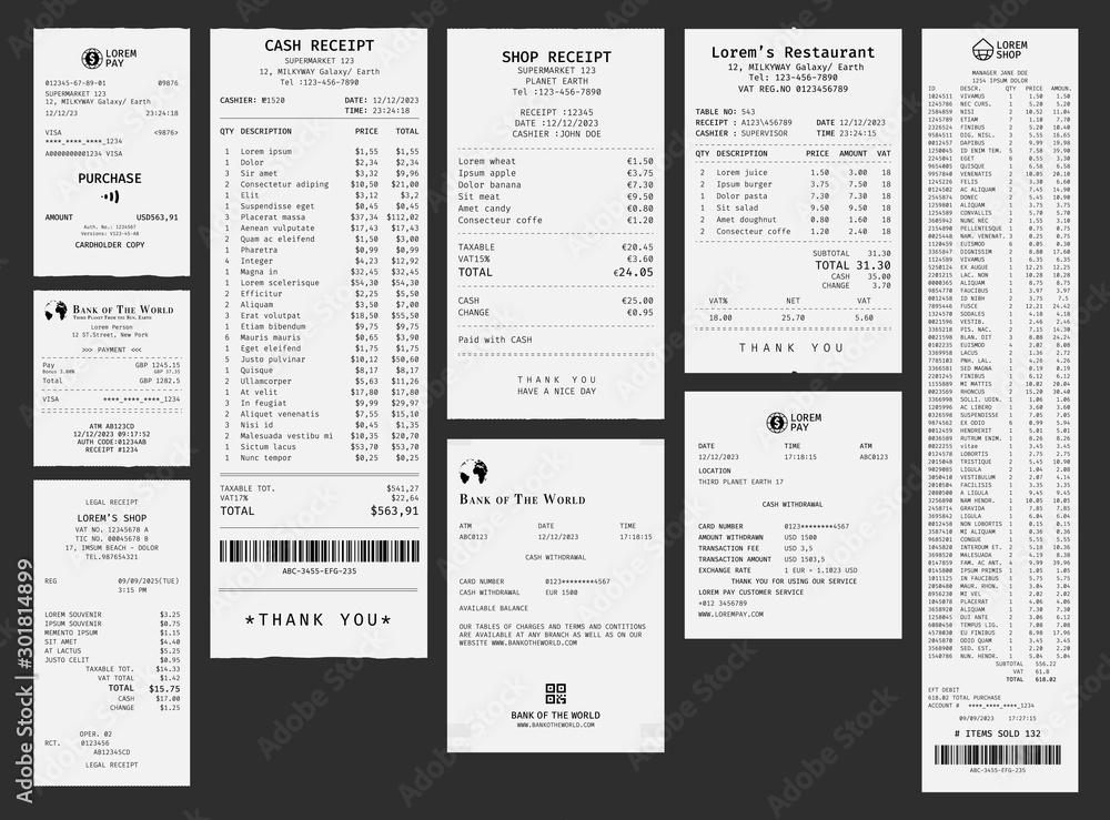 Template of a shop check. Paper payment receipt from supermarket. Bill ...