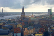 Aerial view of Riga Cathedral, Cathedral Basilica of Saint James, Riga castle, Old Town and River Daugava from Saint Peter church on cloudy, foggy and rainy day, Riga, Latvia. Soft focus