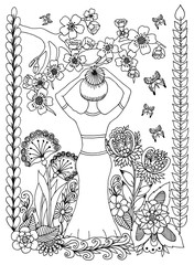 Wall Mural - Vector illustration girl under cherry branch. Dudling. Coloring book, anti stress for adults. Black and white.