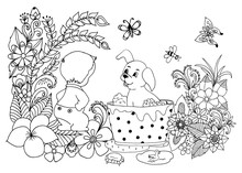 Vector Illustration Of A Washable Baby Puppy In Flowers. Doodling. Book Coloring Anti Stress For Adults. Black And White.