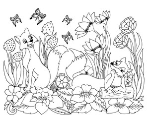 Wall Mural - Vector illustration fox lovers in flowers. Doodle drawing. Meditative exercises. Coloring book anti stress for adults. Black and white.