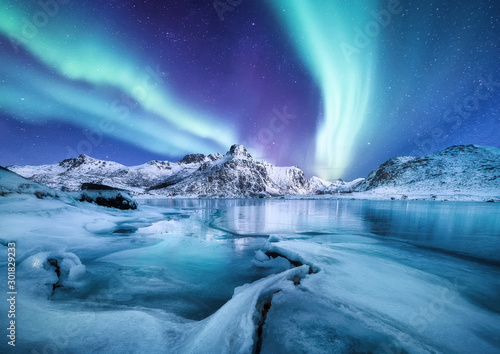 Plakat Aurora Borealis, Lofoty, Norwegia. Nothen light, góry i zamarznięty ocean. Zimowy krajobraz w nocy. Podróż po Norwegii - obraz