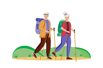 Wall Mural - budget tourism flat vector illustration. hiking activity. cheap travelling choice. active vacation. 