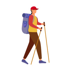 Wall Mural - girl with hiking sticks flat vector illustration. camping activity. cheap travelling choice. active 