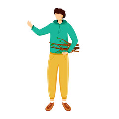Wall Mural - boy collects firewood flat vector illustration. camping activity, creating fire. cheap travel choice