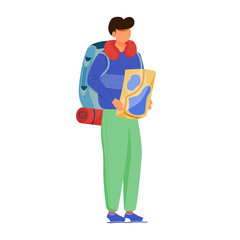 Wall Mural - boy with map flat vector illustration. camping activity. cheap travelling choice. active vacation. b