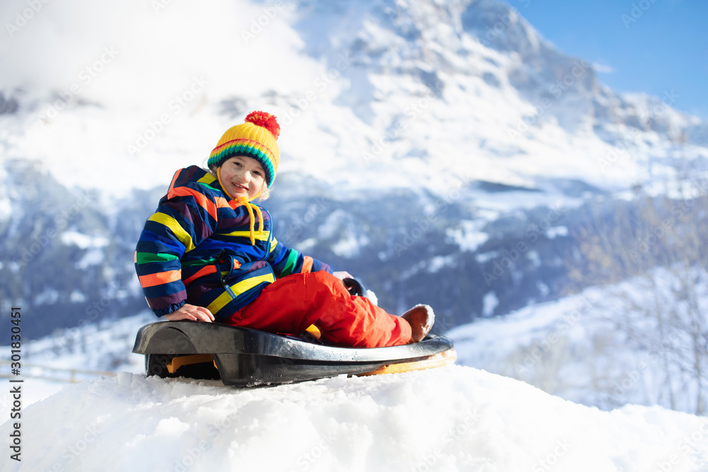Boy on sled ride. Child sledding. Kid on sledge - obrazy, fototapety, plakaty 