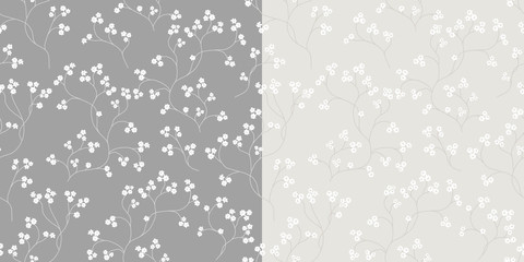 Cherry blossom seamless floral pattern. Hand drawn texture white flower branch. Romantic background for fabric, wedding invitations, textile, wallpaper. Vector, Isolated on grey and beige background