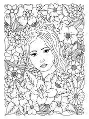 Wall Mural - Vector illustration, woman surrounded by flowers. Black white.