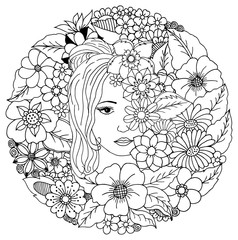 Wall Mural - Vector illustration girl among the flowers. Coloring Book, anti-stress for adults. Black and white.