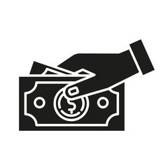 Sticker - Payment by cash glyph icon. Hand holding dollars banknotes. Money turnover. Customer paying for products. Bribery and corruption. Silhouette symbol. Negative space. Vector isolated illustration