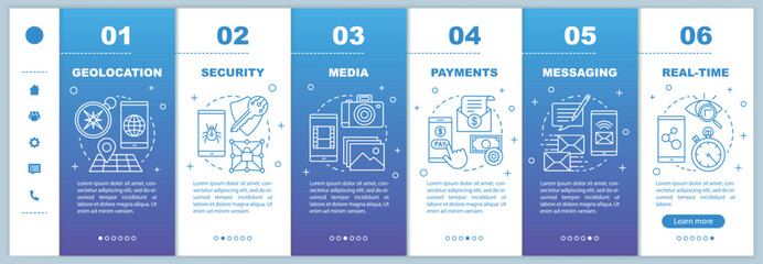 App development onboarding mobile web pages vector template. Media, security. Responsive smartphone website interface idea with linear illustrations. Webpage walkthrough step screens. Color concept