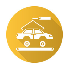 Sticker - Automotive industry yellow flat design long shadow glyph icon. Car production. Vehicle factory. Automobile repair, fix services. Auto facility with crane and conveyor. Vector silhouette illustration