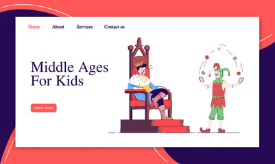 Sticker - Middle Ages for kids landing page vector template. Historical website interface idea with flat illustrations. Children homepage layout. Medieval times culture web banner, webpage cartoon concept