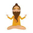 Meditating old yogi man in yellow clothes sitting in a lotus position. Vector illustration in flat cartoon style.