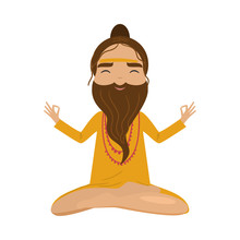 Meditating Old Yogi Man In Yellow Clothes Sitting In A Lotus Position. Vector Illustration In Flat Cartoon Style.