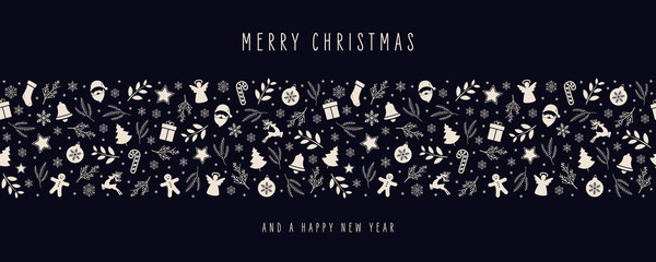 Wall Mural - christmas icon elements border decoration card with greeting text seamless pattern blue background.