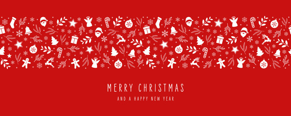 Wall Mural - christmas icon elements border decoration card with greeting text seamless pattern red background.