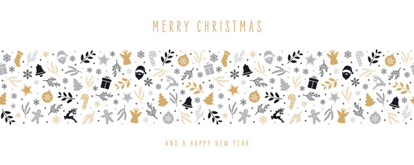 Wall Mural - christmas icon elements border decoration card with greeting text seamless pattern isolated white ba