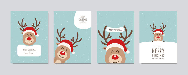 Wall Mural - Christmas card set. Merry Christmas and Happy New Year greeting cute red nose cartoon reindeer with santa hat lettering vector.