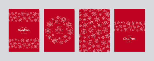 Wall Mural - christmas card set. merry christmas greeting text lettering snowflake card set red background vector