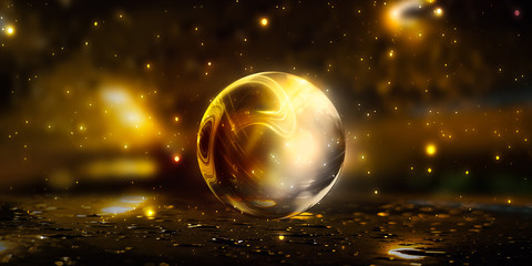 A transparent glass ball with reflection in the center of an abstract dark background. Smoke, empty scene background. Dark neon background, wet asphalt. 3D illustration