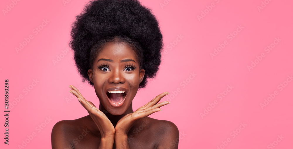 African Woman and Smiles Widely. Beauty Concept. - obrazy, fototapety, plakaty 