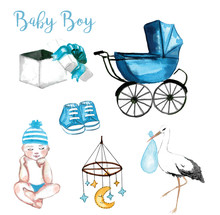Watercolor Illustration Set : Baby Boy (baby Shower, Newborn Boy Theme)