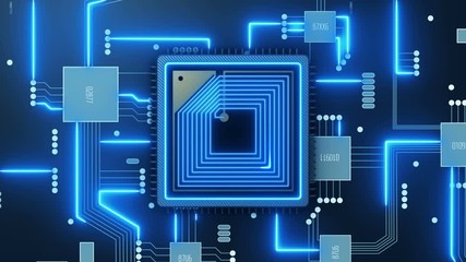 Wall Mural - cpu processing animation. data transfer integrated microchip. digital network and computing. 4k uhd 