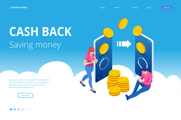 Isometric Cashback and Saving Money Concept. Money Refund. Digital Payment or Online Cashback Service. Electronic invoice.