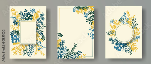Hand drawn herb twigs, tree branches, flowers floral invitation cards set. Pl...